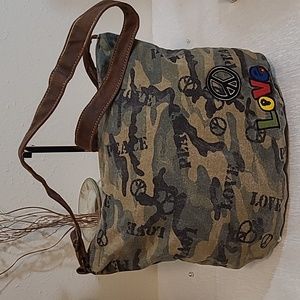 Camouflage embroidered love & peace tote
